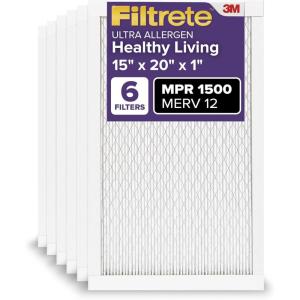 imageFiltrete 20x25x1 AC Furnace Air Filter MERV 12 MPR 1500 CERTIFIED asthma ampamp allergy friendly 3 Month Pleated 1Inch Electrostatic Air Cleaning Filter 6Pack Actual Size 1969x2469x07815x20x1