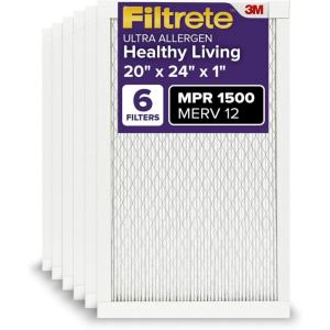 imageFiltrete 20x25x1 AC Furnace Air Filter MERV 12 MPR 1500 CERTIFIED asthma ampamp allergy friendly 3 Month Pleated 1Inch Electrostatic Air Cleaning Filter 6Pack Actual Size 1969x2469x07820x24x1