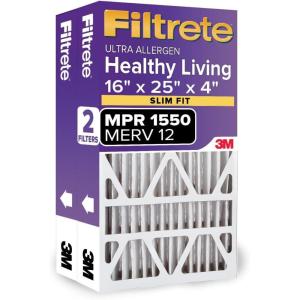imageFiltrete 20x25x4 Slim Fit 375 width AC Furnace Air Filter MPR 1550 MERV 12 Fits AprilAire amp Carrier CERTIFIED Asthma amp Allergy Friendly 2Pack Actual Size 1950 x 2450 x 37516x25x4SlimFit